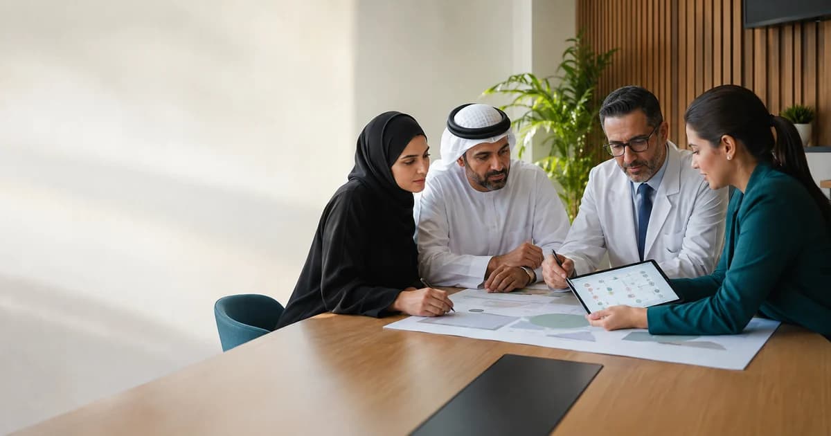 Healthcare leadership reviewing an ADHICS compliance budget